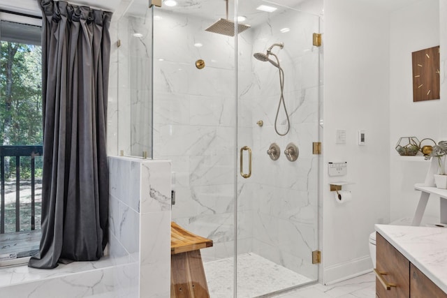 bathroom with electric panel, a marble finish shower, baseboards, marble finish floor, and vanity