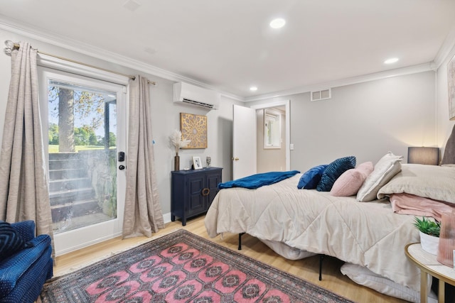 bedroom featuring light wood-style flooring, recessed lighting, visible vents, an AC wall unit, and ornamental molding