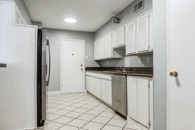 kitchen featuring dark countertops, visible vents, appliances with stainless steel finishes, and white cabinets