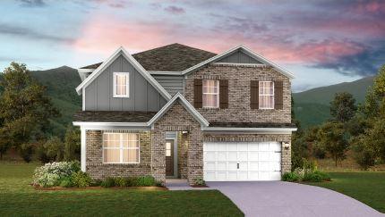 view of front facade with concrete driveway, brick siding, a lawn, and an attached garage