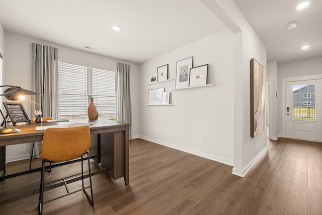 office area featuring recessed lighting, visible vents, dark wood finished floors, and baseboards