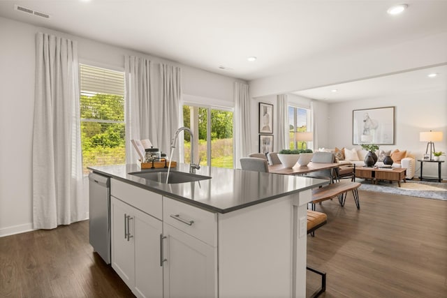 kitchen with dark wood-type flooring, a sink, visible vents, a wealth of natural light, and dishwasher