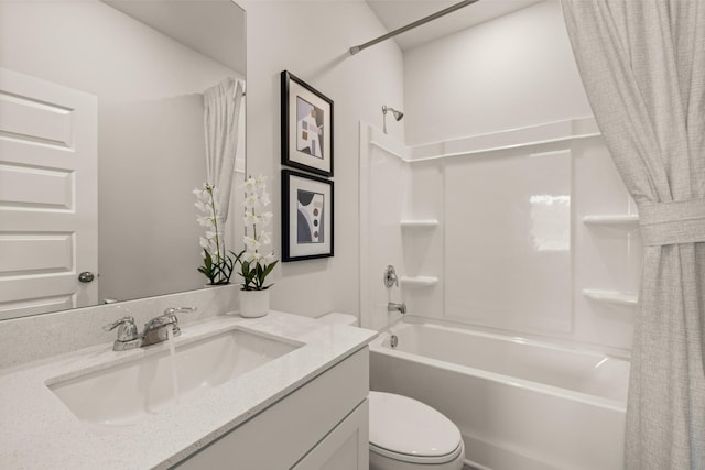 bathroom featuring toilet, shower / bathtub combination with curtain, and vanity