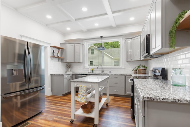 kitchen featuring appliances with stainless steel finishes, dark wood-style floors, gray cabinetry, and open shelves