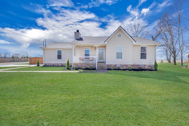 single story home featuring crawl space, a chimney, a front lawn, and a porch