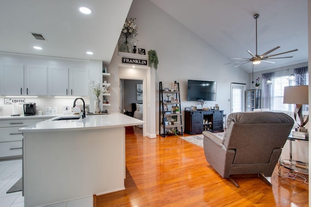 kitchen featuring ceiling fan, a sink, visible vents, light countertops, and light wood finished floors