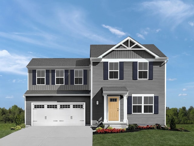 view of front of property featuring an attached garage, concrete driveway, roof with shingles, a front lawn, and board and batten siding