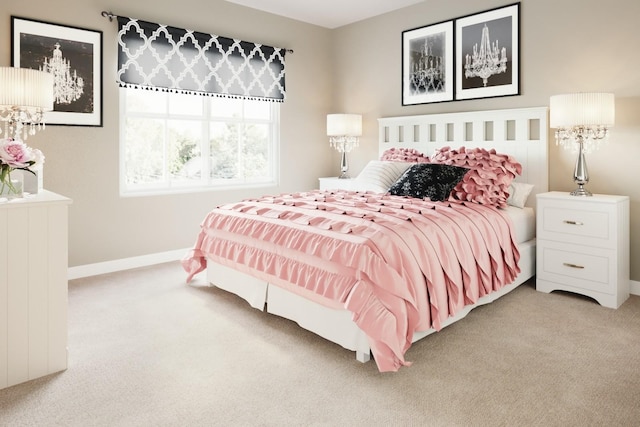 bedroom featuring light carpet and baseboards