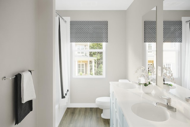 bathroom featuring double vanity, toilet, wood finished floors, curtained shower, and a sink