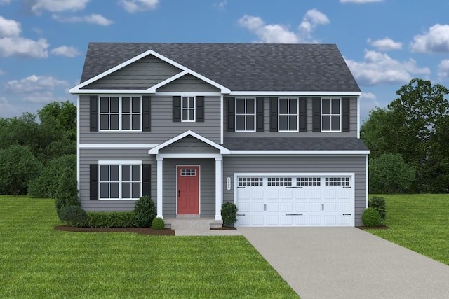 view of front of property with concrete driveway, a front lawn, an attached garage, and a shingled roof