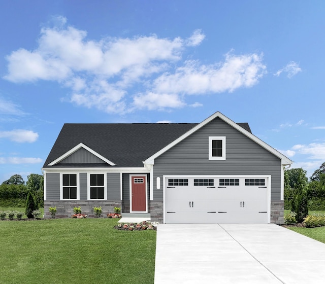 craftsman house featuring driveway, stone siding, roof with shingles, and a front yard