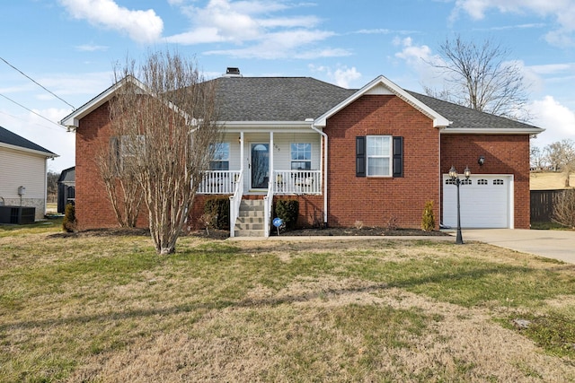 ranch-style home with brick siding, central air condition unit, a porch, concrete driveway, and a front lawn