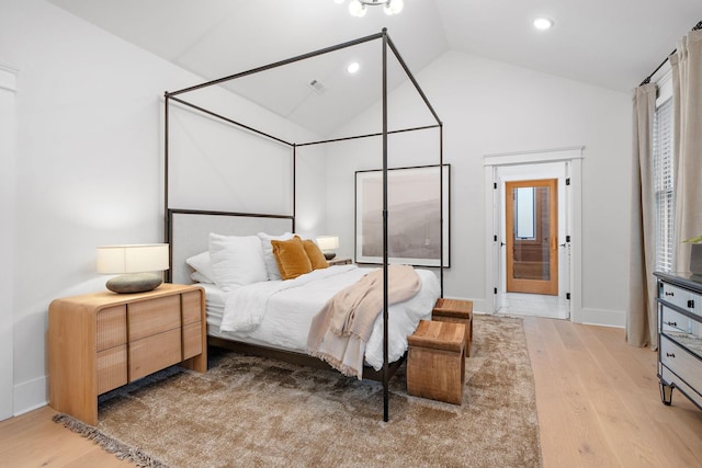 bedroom featuring light wood-type flooring, baseboards, vaulted ceiling, and recessed lighting