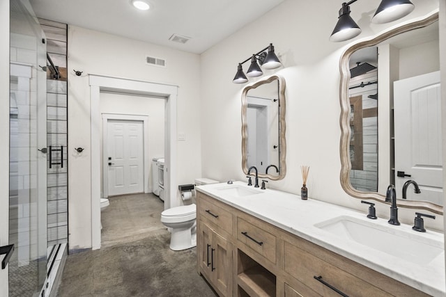 full bath with a stall shower, visible vents, a sink, and toilet