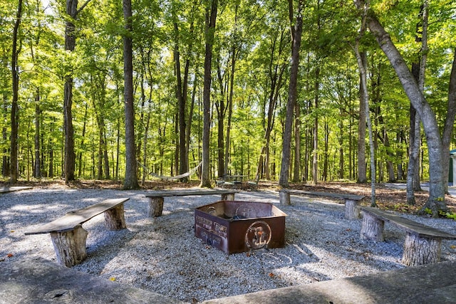 view of community with a forest view