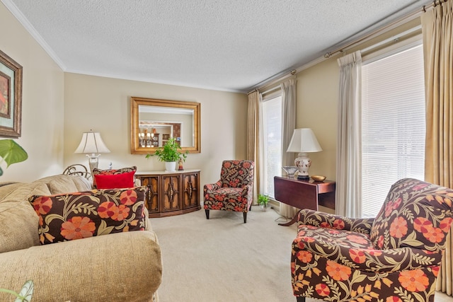 living room featuring carpet floors, ornamental molding, and a textured ceiling