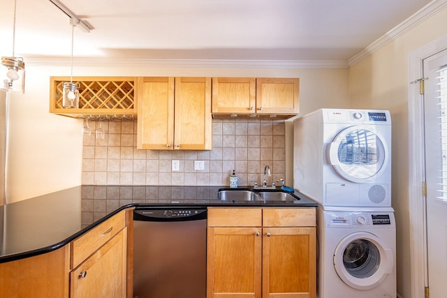 kitchen featuring decorative backsplash, ornamental molding, stacked washer / drying machine, stainless steel dishwasher, and a sink