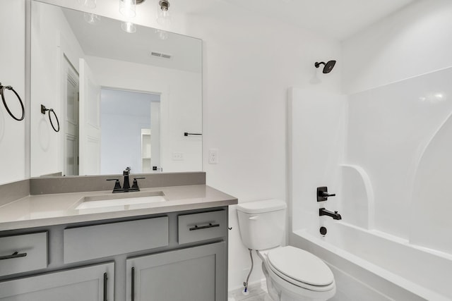 full bath with shower / bath combination, visible vents, vanity, and toilet