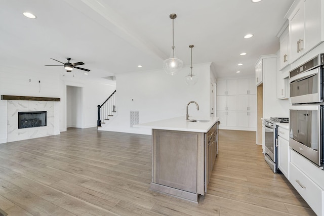 kitchen with a premium fireplace, a sink, light wood-style floors, open floor plan, and appliances with stainless steel finishes