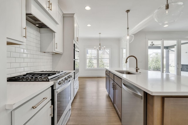 kitchen with appliances with stainless steel finishes, a sink, custom exhaust hood, light wood-type flooring, and backsplash