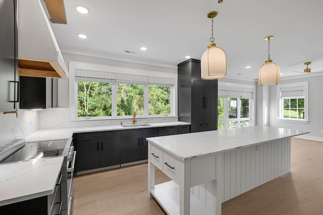 kitchen with stainless steel electric range oven, dark cabinetry, a sink, and a healthy amount of sunlight