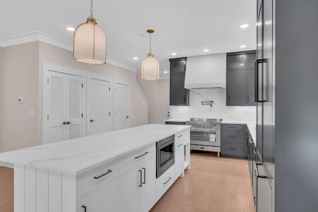 kitchen with tasteful backsplash, appliances with stainless steel finishes, ornamental molding, light wood-type flooring, and premium range hood