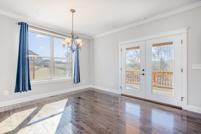 64 Harbor Pt, Lebanon, TN 37087 - unfurnished dining area featuring crown molding, dark wood-type flooring, a chandelier, french doors, and baseboards