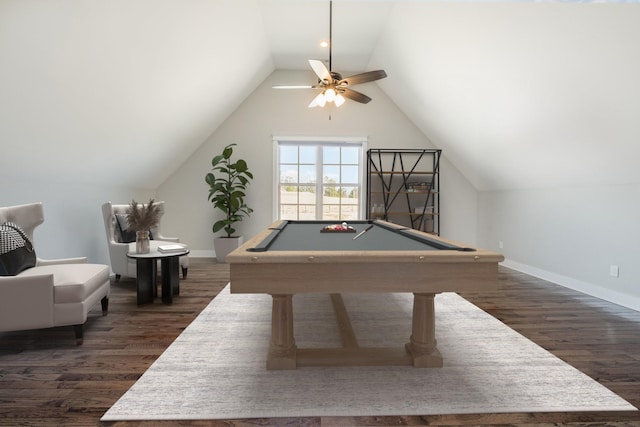 64 Harbor Pt, Lebanon, TN 37087 - game room featuring dark wood-type flooring, ceiling fan, baseboards, vaulted ceiling, and billiards table