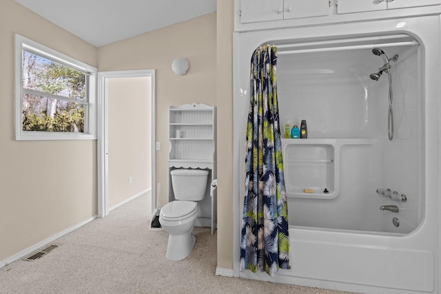 bathroom with shower / tub combo, baseboards, visible vents, toilet, and lofted ceiling