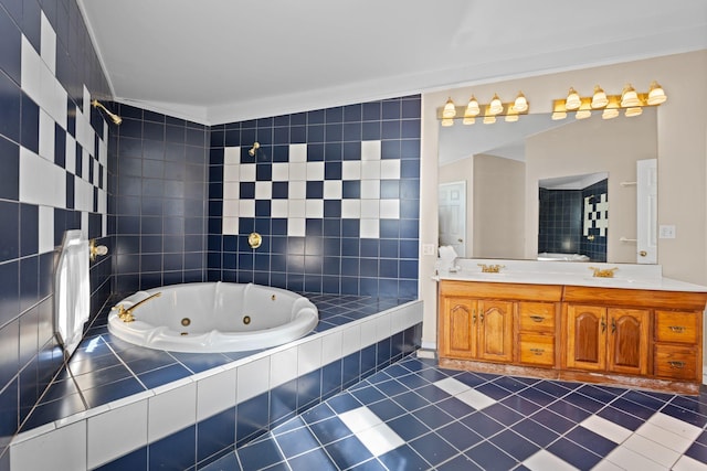 bathroom with double vanity, tile walls, tile patterned floors, a whirlpool tub, and a sink