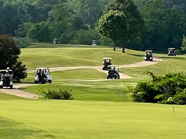 view of property's community featuring view of golf course and a yard