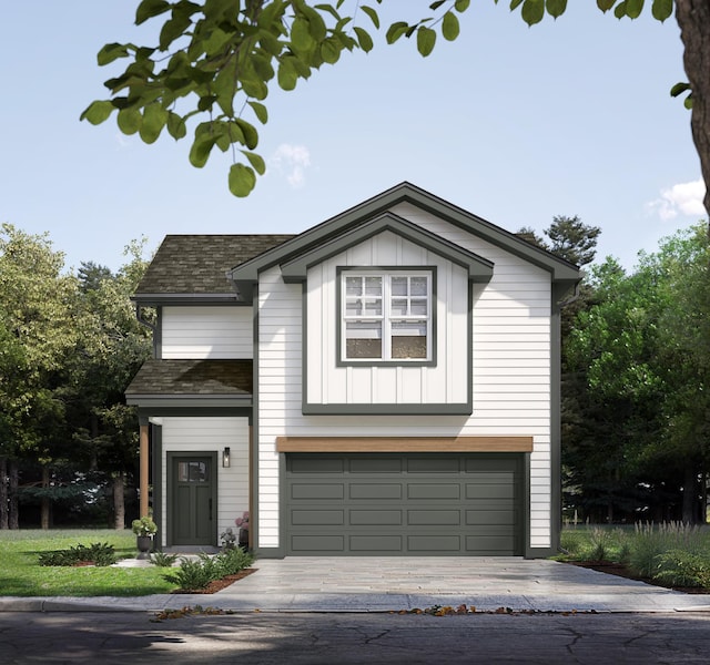 view of front facade featuring a garage, a shingled roof, decorative driveway, and board and batten siding