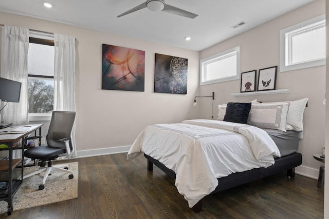 bedroom featuring baseboards, visible vents, a ceiling fan, wood finished floors, and recessed lighting