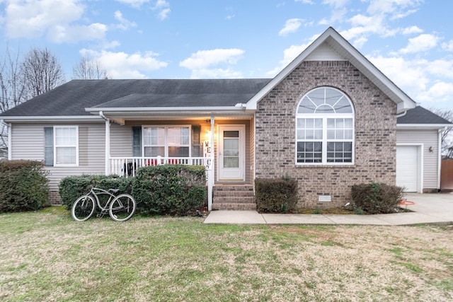 ranch-style house with a front yard, a porch, a garage, crawl space, and brick siding