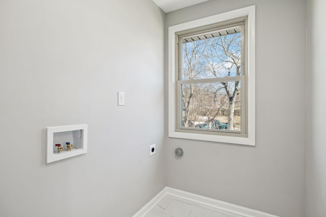 laundry area featuring laundry area, washer hookup, baseboards, marble finish floor, and electric dryer hookup