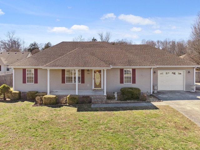 single story home with a garage, driveway, a front lawn, and covered porch