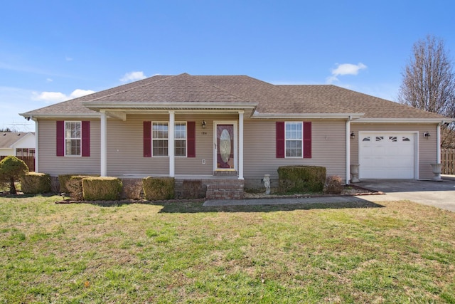 ranch-style house featuring a garage, driveway, roof with shingles, and a front yard