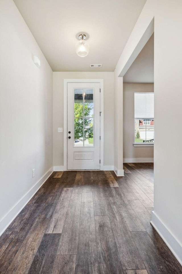 doorway with visible vents, baseboards, a wealth of natural light, and wood finished floors