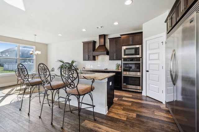 kitchen with a center island with sink, tasteful backsplash, a sink, wall chimney range hood, and built in appliances