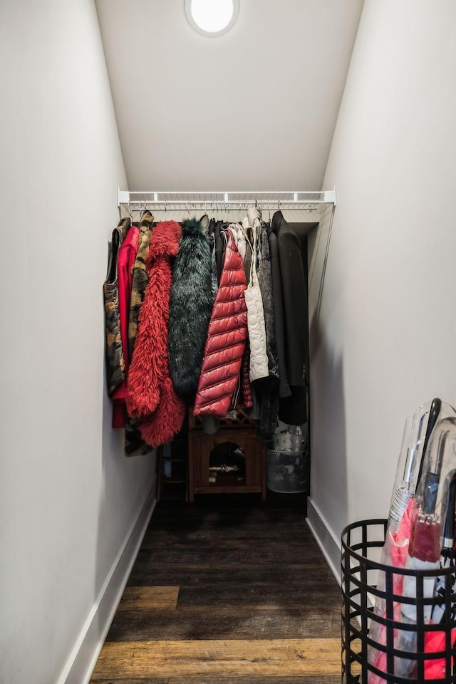 spacious closet with lofted ceiling and wood finished floors