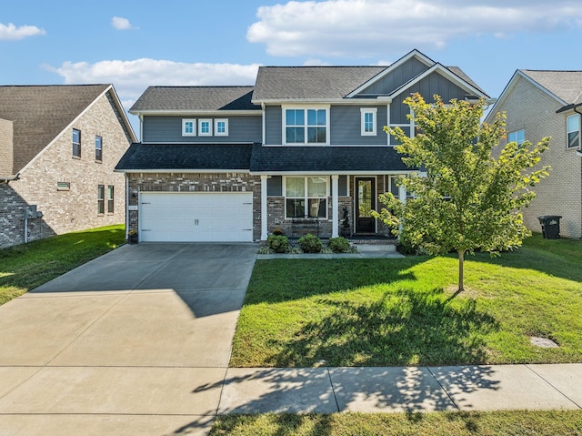 view of front facade featuring a porch, concrete driveway, stone siding, board and batten siding, and a front yard