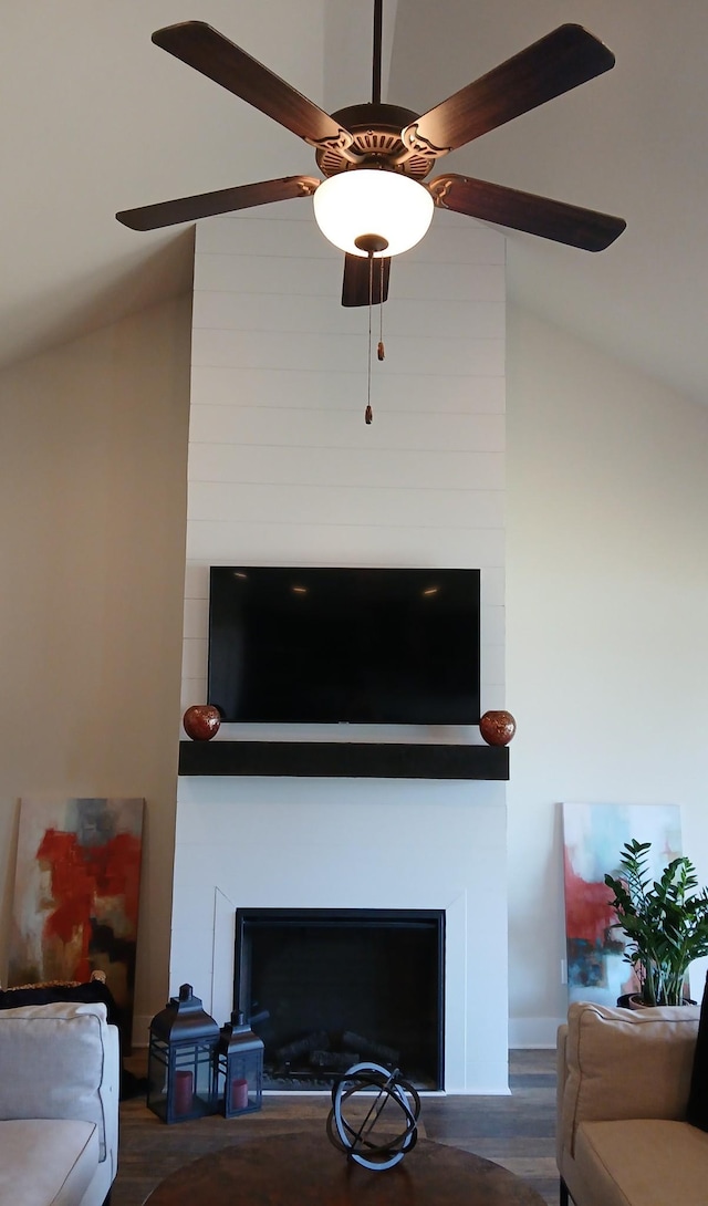 details with ceiling fan, a fireplace, and wood finished floors