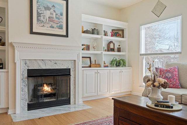 sitting room featuring light wood-style flooring and a fireplace