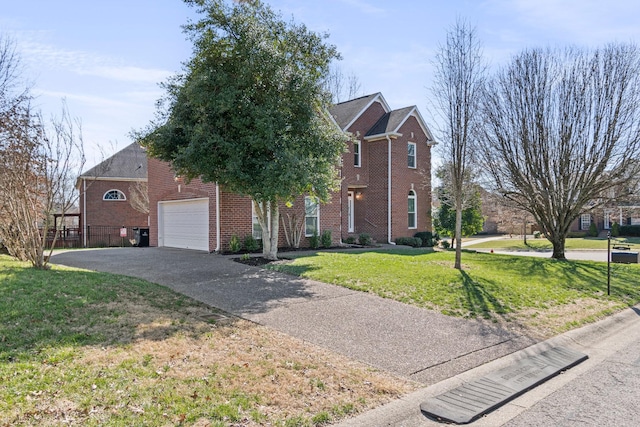 view of front of home featuring a garage, driveway, brick siding, and a front yard