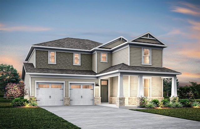 craftsman house featuring driveway, stone siding, an attached garage, and a shingled roof