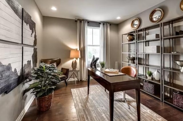 home office featuring wood finished floors and recessed lighting