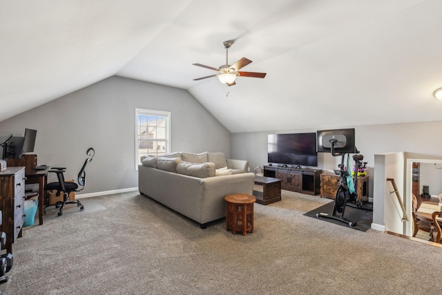 living room with carpet floors, lofted ceiling, ceiling fan, and baseboards