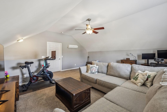 living area featuring baseboards, a wall unit AC, lofted ceiling, ceiling fan, and carpet floors