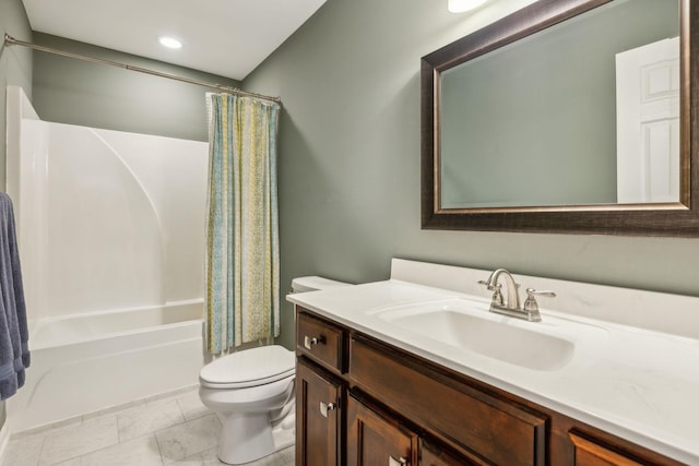 full bath with toilet, shower / tub combo, and vanity