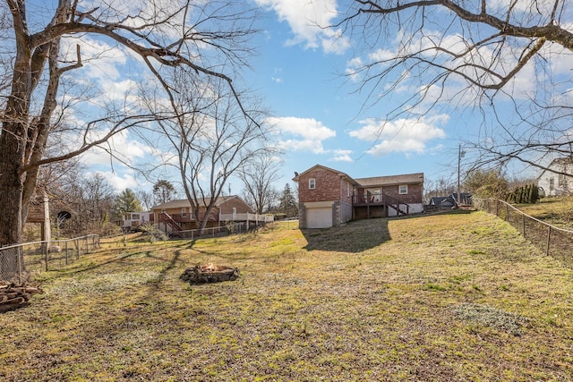 view of yard featuring a fenced backyard and a wooden deck